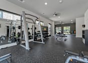 Thumbnail 14 of 16 - A gym with a variety of equipment including weights and a bench.
