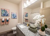 Thumbnail 17 of 35 - the heights on capitol hill apartments bathroom with granite countertops  at One Preston Station, Celina, Texas