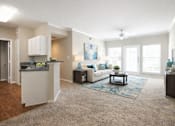 Thumbnail 7 of 23 - A living room with a white couch and a blue rug.
