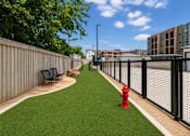 Thumbnail 4 of 23 - A red fire hydrant sits on a green lawn next to a black fence.