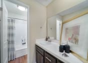 Thumbnail 16 of 29 - a bathroom with a sink and a shower and a mirror