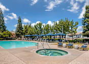 Thumbnail 4 of 50 - Unwind on our tree-lined pool deck with lounge chairs, a large sparkling pool, and a relaxing jacuzzi—just steps from the clubhouse and leasing office at Ascent at the Galleria.