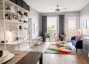 Thumbnail 3 of 37 - Living Room With Attached Balcony at Link Apartments® Canvas, Georgia, 30312