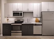 Thumbnail 24 of 25 - A modern kitchen with a black and white color scheme.