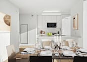 Thumbnail 4 of 34 - A modern dining room with a wooden table set for a meal.