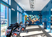 Thumbnail 6 of 18 - A gym with exercise bikes and a blue wall.