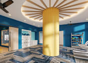 Thumbnail 11 of 18 - A room with a yellow column and a ceiling fan.