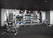 Thumbnail 23 of 34 - A gym with a variety of equipment including weights and a punching bag.