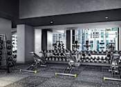 Thumbnail 21 of 34 - A gym with a row of exercise machines and a rack of dumbbells.