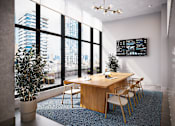 Thumbnail 25 of 34 - A conference room with a long table, chairs, and a large window overlooking a cityscape.