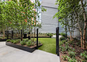 Thumbnail 28 of 39 - A modern garden with a black fence and a variety of plants at Link Apartments® QPN, Long Island City, New York