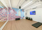 Thumbnail 29 of 32 - a yoga studio with a wooden floor and a wall with a screen and exercise balls  at Link Apartments® H Street, Washington, 20002
