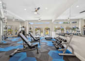 Thumbnail 11 of 21 - A gym with a variety of equipment including weights and benches.