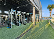 Thumbnail 27 of 31 - A gym with a green carpet and various exercise equipment.