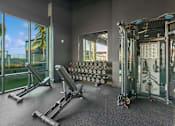 Thumbnail 26 of 31 - A gym with a row of treadmills, a row of exercise bikes, and a row of weight machines.