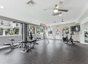 Thumbnail 10 of 17 - A gym with a variety of equipment including a weight bench, a treadmill, and a bicycle.