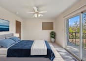 Thumbnail 6 of 22 - A bedroom with a bed, a ceiling fan, and a painting on the wall.