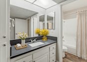 Thumbnail 5 of 17 - A bathroom with a sink, mirror, and toilet.