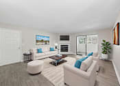 Thumbnail 5 of 30 - A living room with a white couch and a coffee table.