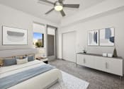 Thumbnail 6 of 24 - a bedroom with a large bed and a ceiling fan