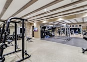 Thumbnail 24 of 38 - A gym with a variety of equipment including weights and machines.