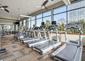 Thumbnail 18 of 42 - A gym with treadmills and a ceiling fan.