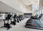 Thumbnail 28 of 33 - A gym with a row of treadmilers and elliptical machines.