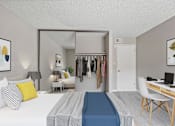 Thumbnail 7 of 21 - a bedroom with a bed and a desk and a closet