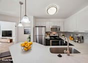 Thumbnail 27 of 27 - A modern kitchen with a stainless steel refrigerator and a bowl of lemons on the counter.