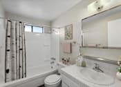 Thumbnail 5 of 10 - a bathroom with a shower and a sink and a mirror