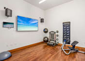 Thumbnail 13 of 31 - A home gym with a TV, weights, and exercise equipment.
