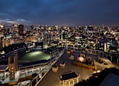 Thumbnail 15 of 33 - A rooftop bar overlooks a city skyline at night.