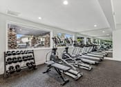 Thumbnail 11 of 17 - A gym with treadmills, weights, and exercise equipment.