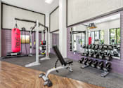 Thumbnail 28 of 40 - a home gym with weights and a red punching bag