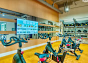 Thumbnail 10 of 29 - A gym with exercise bikes and a screen showing a workout routine.