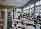 Thumbnail 12 of 21 - A gym with treadmills, weights, and a ceiling fan.