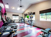 Thumbnail 11 of 20 - A gym with a variety of equipment including treadmills, weights, and a bench press.