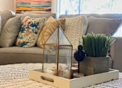 Thumbnail 9 of 22 - a living room with a couch and a coffee table with plants and a glass box