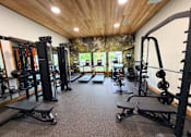 Thumbnail 32 of 33 - A gym with a variety of equipment including treadmills, weights, and benches.