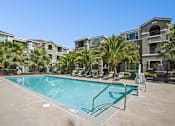 Thumbnail 21 of 30 - A swimming pool surrounded by palm trees and lounge chairs in front of apartment buildings.