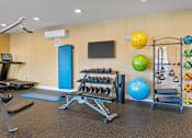 Thumbnail 37 of 53 - A gym with a variety of equipment including weights, a treadmill, and a rowing machine.