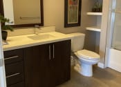 Thumbnail 57 of 64 - Apartment bathroom with vanity, shower tub combo