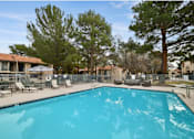 Thumbnail 29 of 35 - A swimming pool surrounded by trees and chairs.