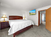 Thumbnail 15 of 16 - A bedroom with a large bed, two lamps, and a television displaying a landscape.
