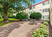 Thumbnail 15 of 23 - A tree-lined courtyard with picnic tables and a building in the background.