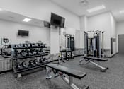 Thumbnail 23 of 34 - a gym with weights machines and a television on the wall