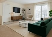 Thumbnail 4 of 10 - A living room with a green couch, a black chair, a white armchair, a coffee table, a flat screen TV, a wooden cabinet, a plant, and a window with white curtains.
