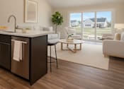 Thumbnail 5 of 23 - A modern kitchen with a large window overlooking a house.