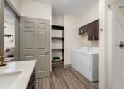 Thumbnail 44 of 62 - a spacious kitchen with a washer and dryer and a door to a closet at 41 North Apartments, Indiana