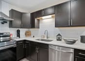 Thumbnail 14 of 43 - full kitchen with black cabinets and stainless steel appliances in downtown at Morada at Maysville, Indiana, 46815